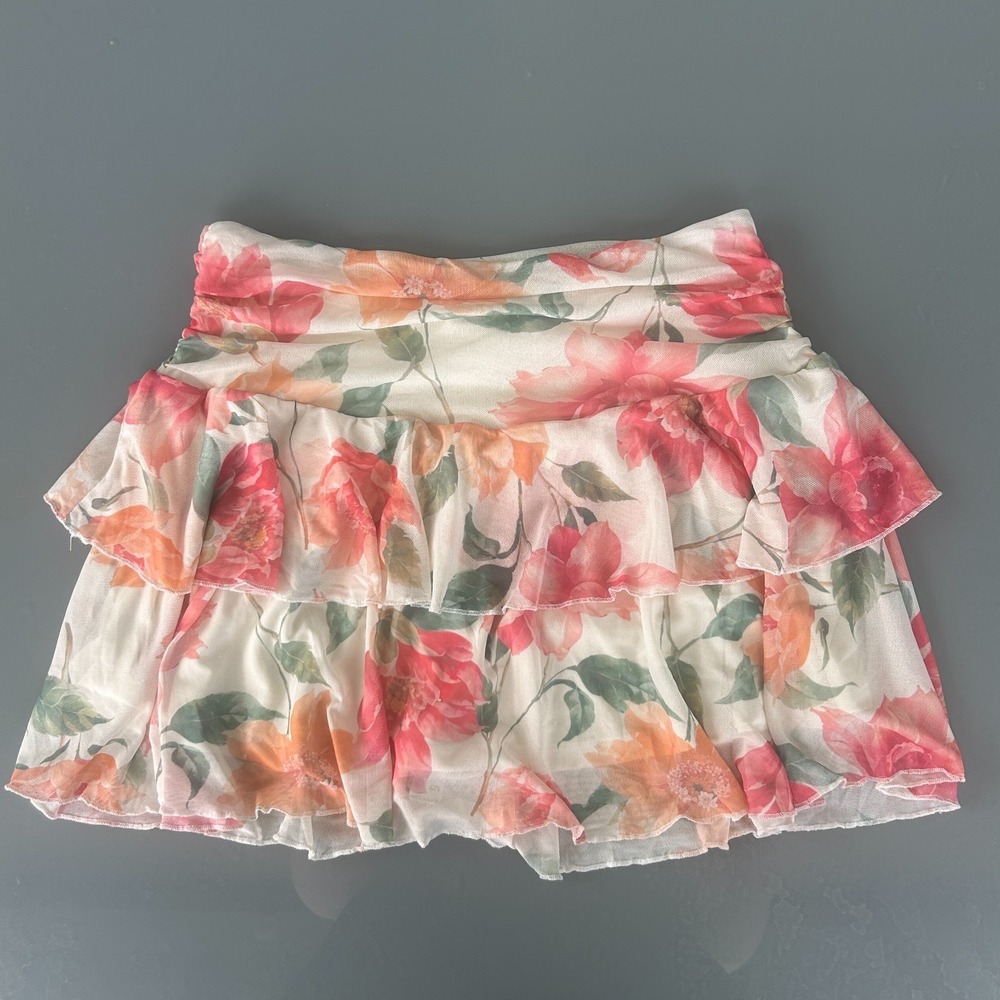 Mini Skirt Ruffle Whimsical Roses Pink Womens Size L Fairy Sheer Babydoll Flower